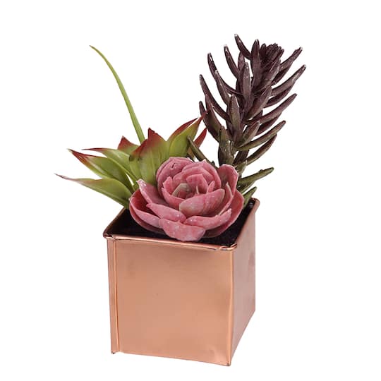 7" Pink & Purple Artificial Succulent Arrangement in Square Tin Pot By Northlight | Michaels®